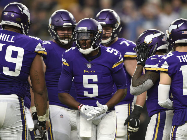 MINNEAPOLIS, MN - DECEMBER 17: Teddy Bridgewater #5 of the Minnesota Vikings in the huddle in the fourth quarter of the game against the Cincinnati Bengals on December 17, 2017 at U.S. Bank Stadium in Minneapolis, Minnesota.