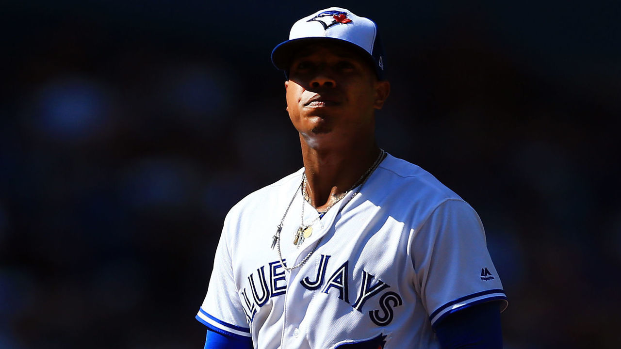 TORONTO, ON - SEPTEMBER 24: Marcus Stroman #6 of the Toronto Blue Jays prepares to pitch during a MLB game against the New York Yankees at Rogers Centre on September 24, 2017 in Toronto, Canada.