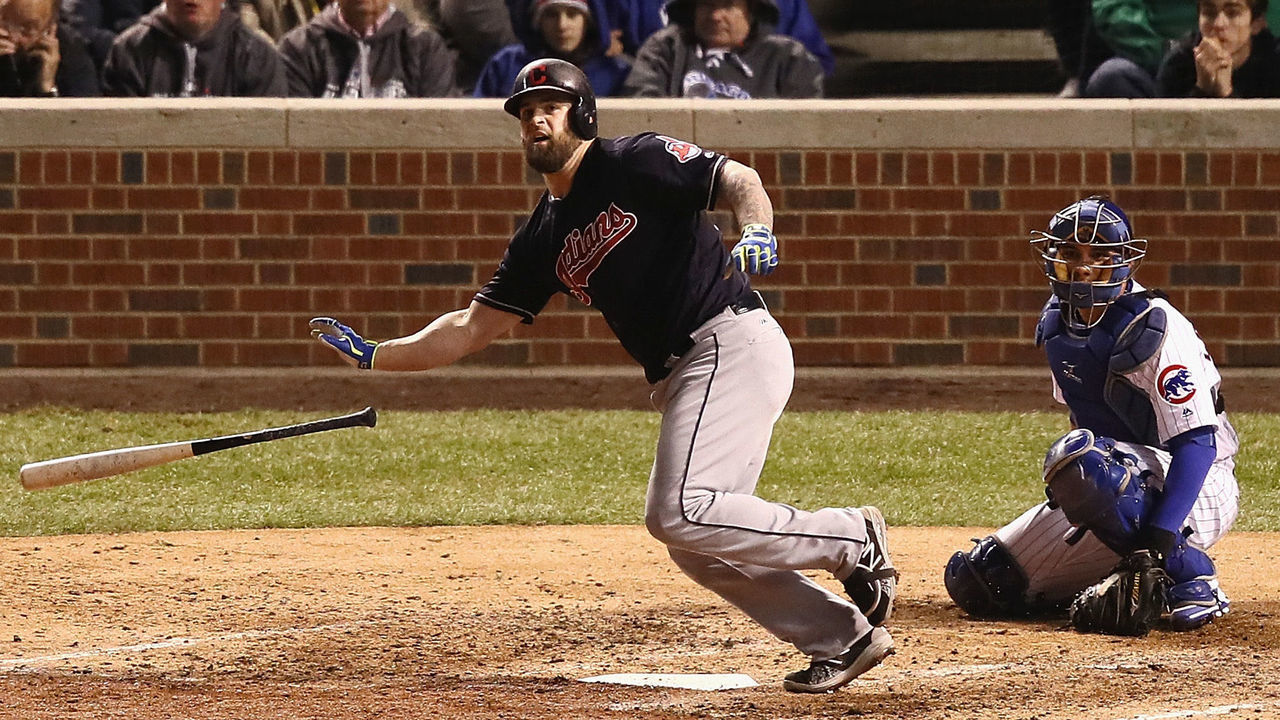 CHICAGO, IL - OCTOBER 30: Mike Napoli #26 of the Cleveland Indians hits a single in the seventh inning against the Chicago Cubs in Game Five of the 2016 World Series at Wrigley Field on October 30, 2016 in Chicago, Illinois.