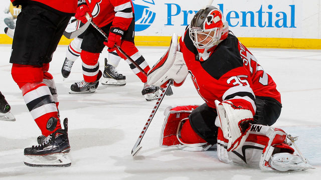 NEWARK, NJ - DECEMBER 23: Cory Schneider #35 of the New Jersey Devils in action against the Chicago Blackhawks on December 23, 2017 at Prudential Center in Newark, New Jersey. The Devils defeated the Blackhawks 4-1.