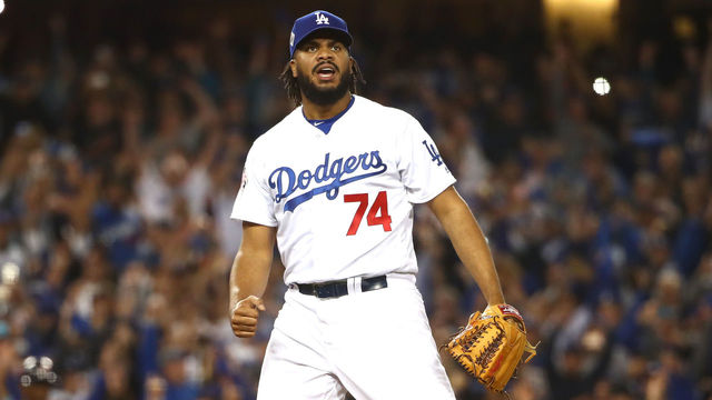 LOS ANGELES, CA - OCTOBER 31: Kenley Jansen #74 of the Los Angeles Dodgers reacts after defeating the Houston Astros 3-1 in game six of the 2017 World Series at Dodger Stadium on October 31, 2017 in Los Angeles, California.