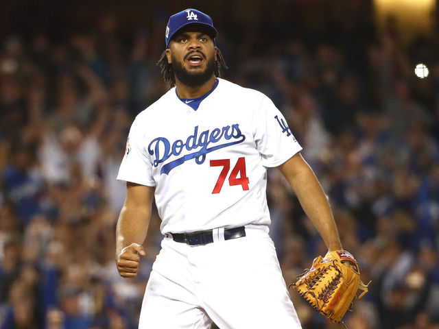 LOS ANGELES, CA - OCTOBER 31: Kenley Jansen #74 of the Los Angeles Dodgers reacts after defeating the Houston Astros 3-1 in game six of the 2017 World Series at Dodger Stadium on October 31, 2017 in Los Angeles, California.