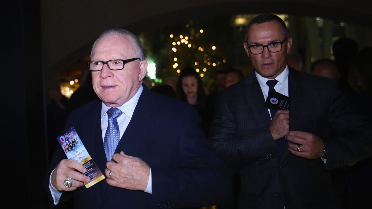 TORONTO, ON - NOVEMBER 13: (l-r) Jim Rutherford and Steve Yzerman walks the red carpet prior to the Hockey Hall of Fame induction ceremony at Brookfield Place on November 13, 2017 in Toronto, Canada.