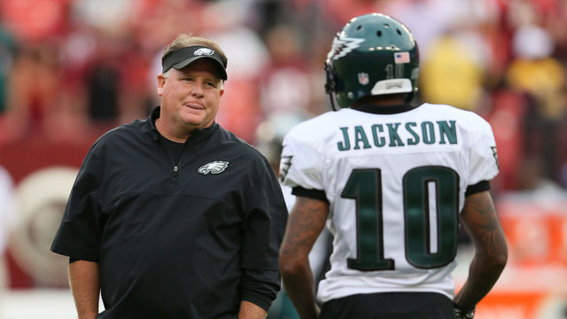 LANDOVER, MD - SEPTEMBER 09: Head coach Chip Kelly of the Philadelphia Eagles talks with wide receiver DeSean Jackson #10 before taking on the Washington Redskins at FedExField on September 9, 2013 in Landover, Maryland.