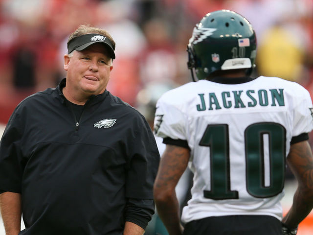 LANDOVER, MD - SEPTEMBER 09: Head coach Chip Kelly of the Philadelphia Eagles talks with wide receiver DeSean Jackson #10 before taking on the Washington Redskins at FedExField on September 9, 2013 in Landover, Maryland.