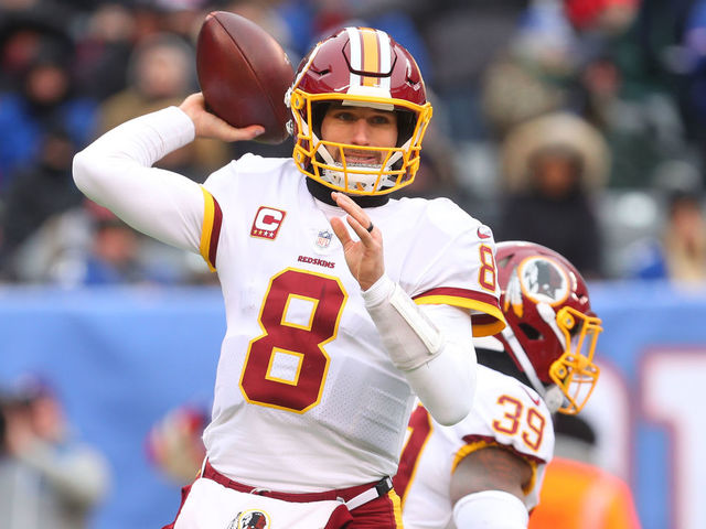 EAST RUTHERFORD, NJ - DECEMBER 31: Kirk Cousins #8 of the Washington Redskins throws a pass during the first half of their game against the New York Giants at MetLife Stadium on December 31, 2017 in East Rutherford, New Jersey.