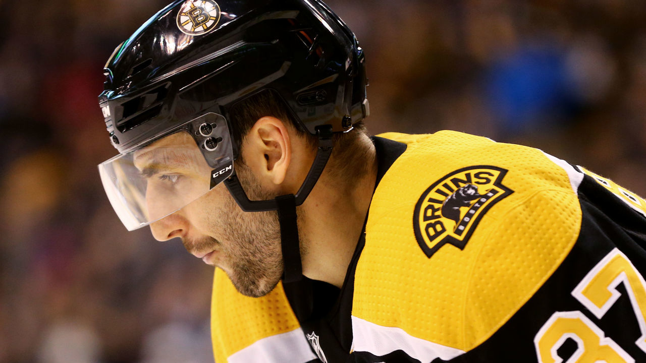 BOSTON, MA - DECEMBER 7: Patrice Bergeron #37 of the Boston Bruins looks on during the third period at TD Garden on December 7, 2017 in Boston, Massachusetts. The Bruins defeat the Coyotes 6-1.