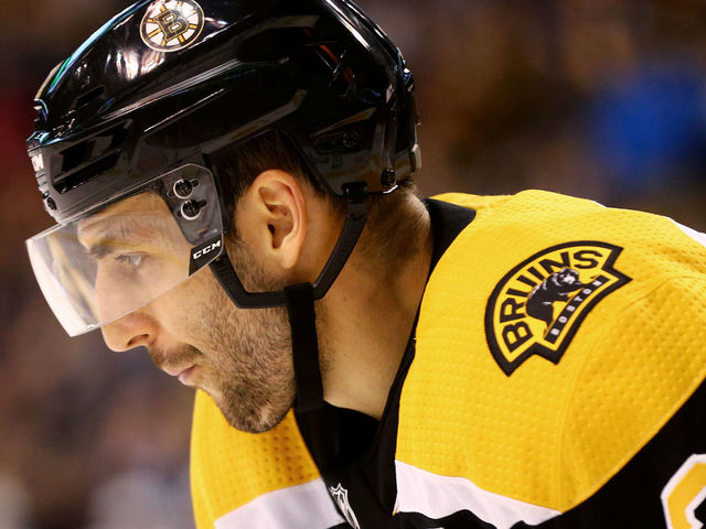 BOSTON, MA - DECEMBER 7: Patrice Bergeron #37 of the Boston Bruins looks on during the third period at TD Garden on December 7, 2017 in Boston, Massachusetts. The Bruins defeat the Coyotes 6-1.
