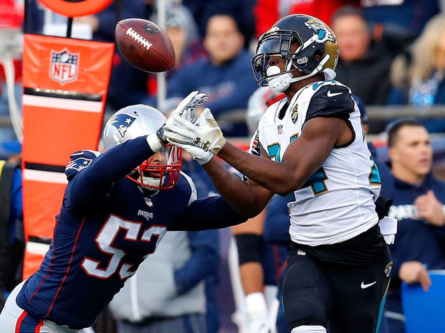 FOXBOROUGH, MA - JANUARY 21: Kyle Van Noy #53 of the New England Patriots is called for a pass interference penalty as he defense A.J. Bouye #21 of the Jacksonville Jaguars in the second quarter during the AFC Championship Game at Gillette Stadium on January 21, 2018 in Foxborough, Massachusetts.