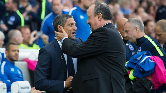 BRIGHTON, ENGLAND - SEPTEMBER 24: Brighton & Hove Albion manager Chris Hughton and Newcastle United manager Rafa Benitez embrace before the Premier League match between Brighton and Hove Albion and Newcastle United at Amex Stadium on September 24, 2017 in Brighton, England.