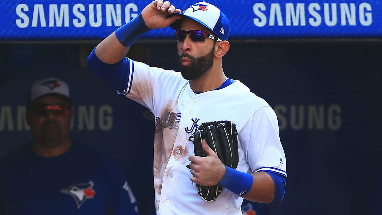 TORONTO, ON - SEPTEMBER 24: Jose Bautista #19 of the Toronto Blue Jays tips his hat to the fans after he is pulled from the game in the ninth inning during MLB game action against the New York Yankees at Rogers Centre on September 24, 2017 in Toronto, Canada.