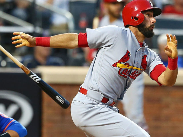 NEW YORK, NEW YORK - JULY 18: Matt Carpenter #13 of the St. Louis Cardinals singles to center in the fourth inning against the New York Mets at Citi Field on July 18, 2017 in the Flushing neighborhood of the Queens borough of New York City.