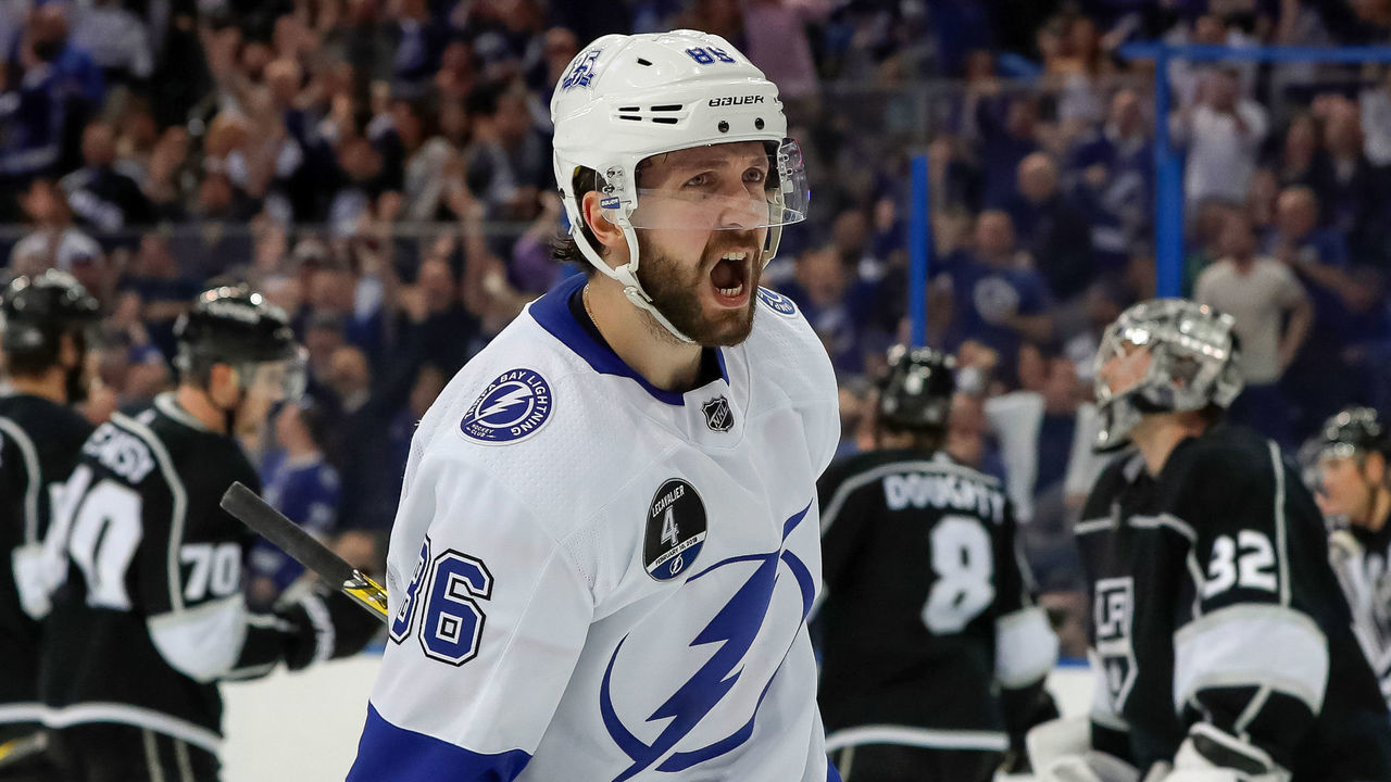 TAMPA, FL - FEBRUARY 10: Nikita Kucherov #86 of the Tampa Bay Lightning celebrates his goal against the Los Angeles Kings at the Amalie Arena on February 10, 2018 in Tampa, Florida.
