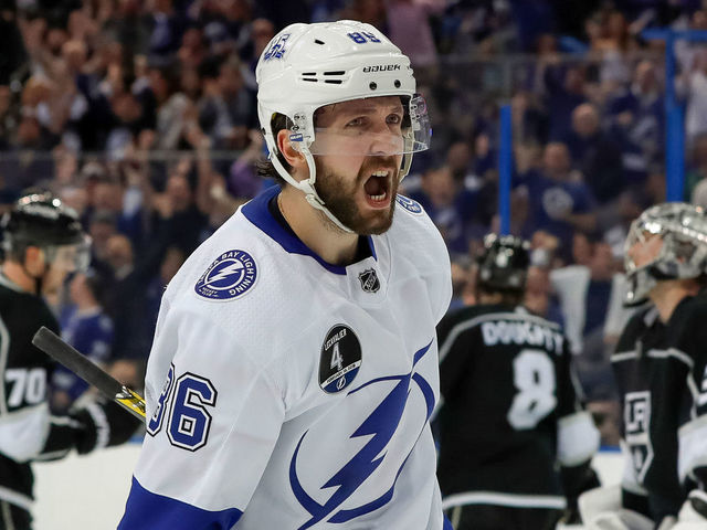 TAMPA, FL - FEBRUARY 10: Nikita Kucherov #86 of the Tampa Bay Lightning celebrates his goal against the Los Angeles Kings at the Amalie Arena on February 10, 2018 in Tampa, Florida.