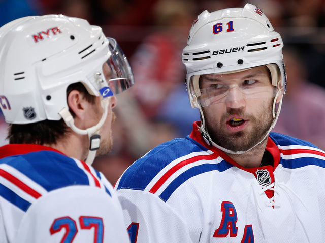 GLENDALE, AZ - FEBRUARY 14: Ryan McDonagh #27 and Rick Nash #61 of the New York Rangers during the NHL game against the Arizona Coyotes at Gila River Arena on February 14, 2015 in Glendale, Arizona. The Rangers defeated the Coyotes 5-1.