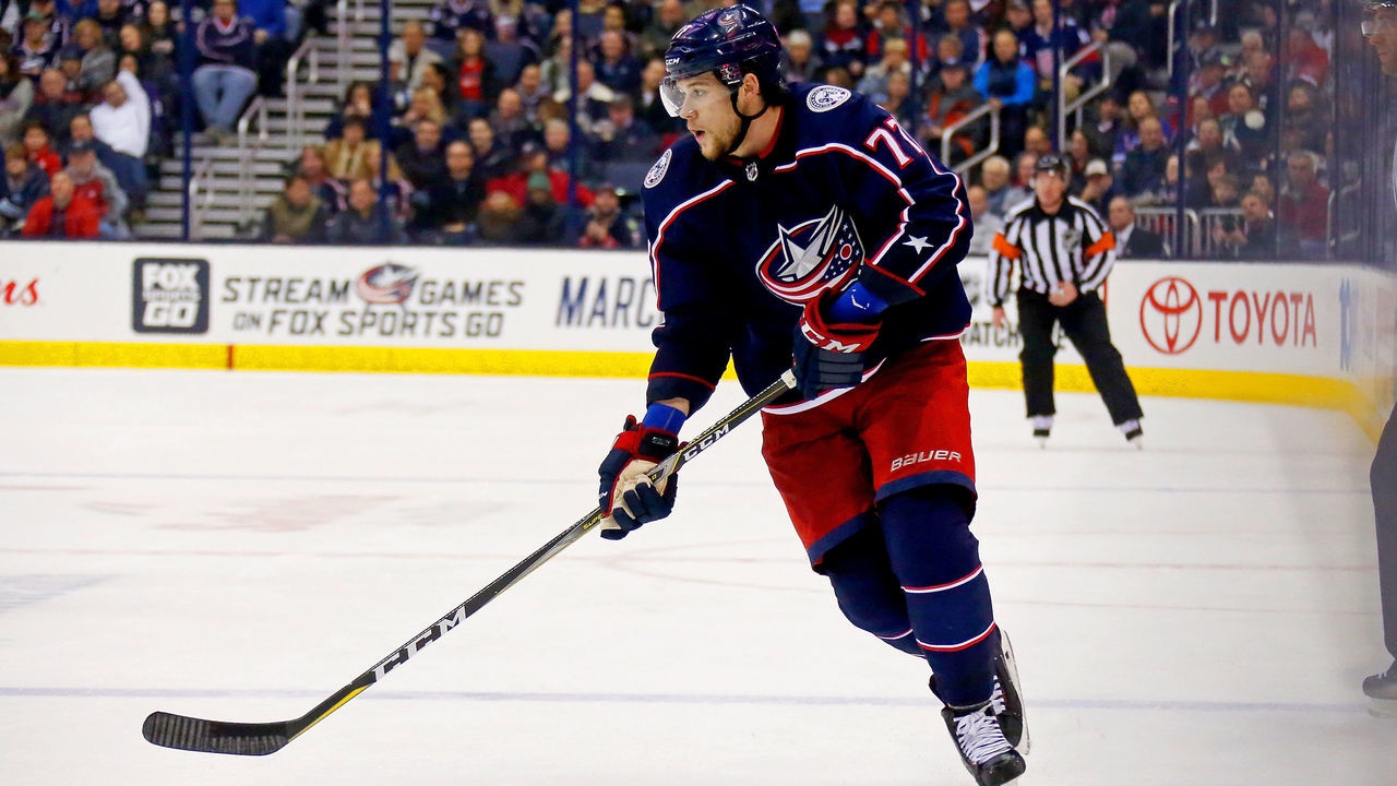 COLUMBUS, OH - NOVEMBER 17: Josh Anderson #77 of the Columbus Blue Jackets controls the puck during the game against the New York Rangers on November 17, 2017 at Nationwide Arena in Columbus, Ohio.