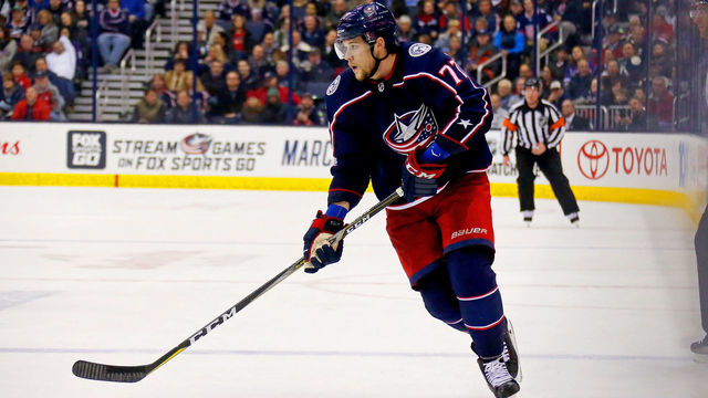 COLUMBUS, OH - NOVEMBER 17: Josh Anderson #77 of the Columbus Blue Jackets controls the puck during the game against the New York Rangers on November 17, 2017 at Nationwide Arena in Columbus, Ohio.