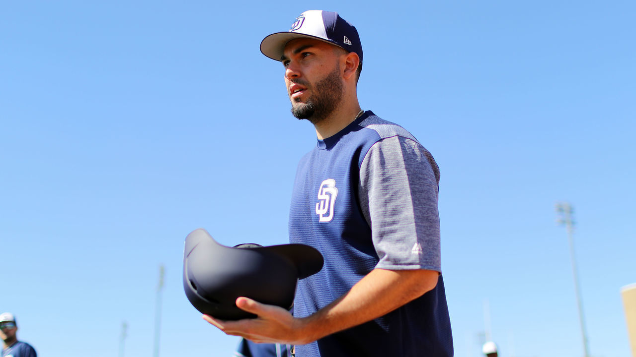 PEORIA, AZ - FEBRUARY 20: Eric Hosmer #30 of the San Diego Padres looks on during workouts on Tuesday, February 20, 2018 at the Peoria Sports Complex in Peoria, Arizona.