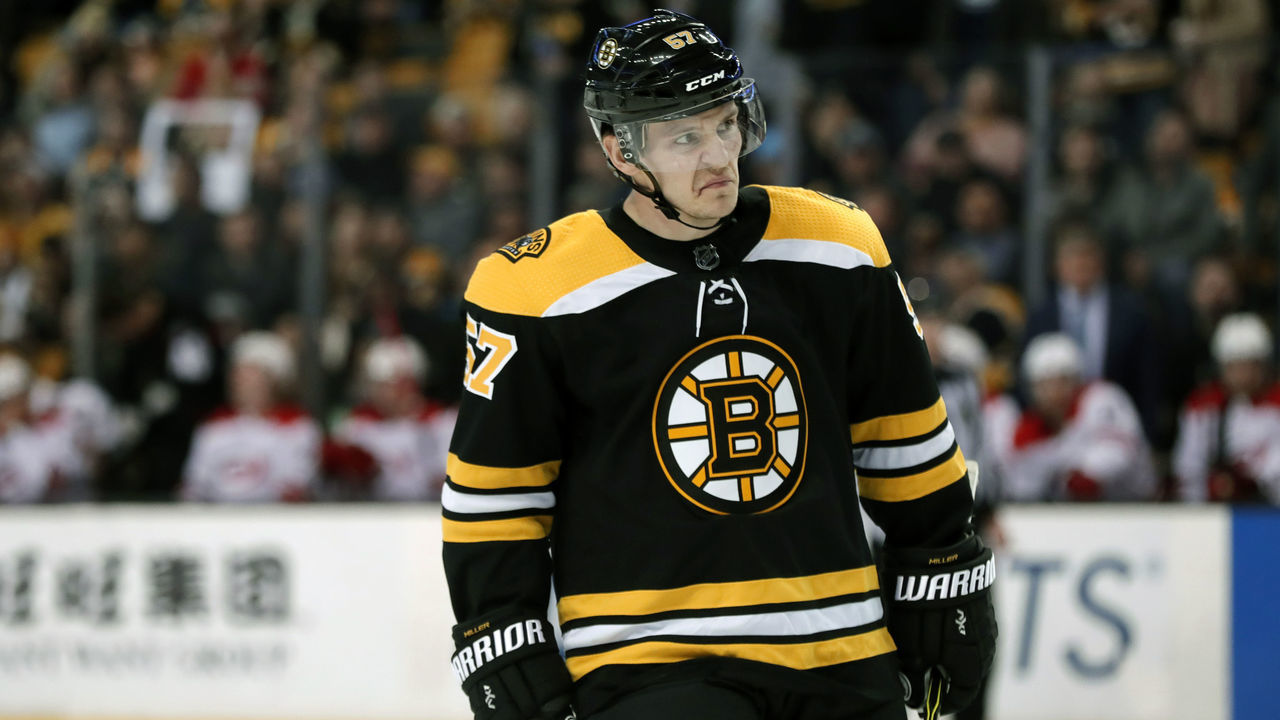 BOSTON, MA - FEBRUARY 27: Boston Bruins winger Tommy Wingels (57) skates out for a shift during a game between the Boston Bruins and the Carolina Hurricanes on February 27, 2018, at TD Garden in Boston, Massachusetts. The bruins defeated the Hurricanes 4-3 (OT).
