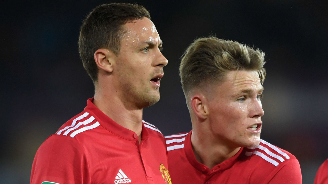 SWANSEA, WALES - OCTOBER 24: Nemanja Matic (l) Scott McTominay and Romelu Lukaku of United in the defensive wall during the Carabao Cup Fourth Round match between Swansea City and Manchester United at Liberty Stadium on October 24, 2017 in Swansea, Wales.