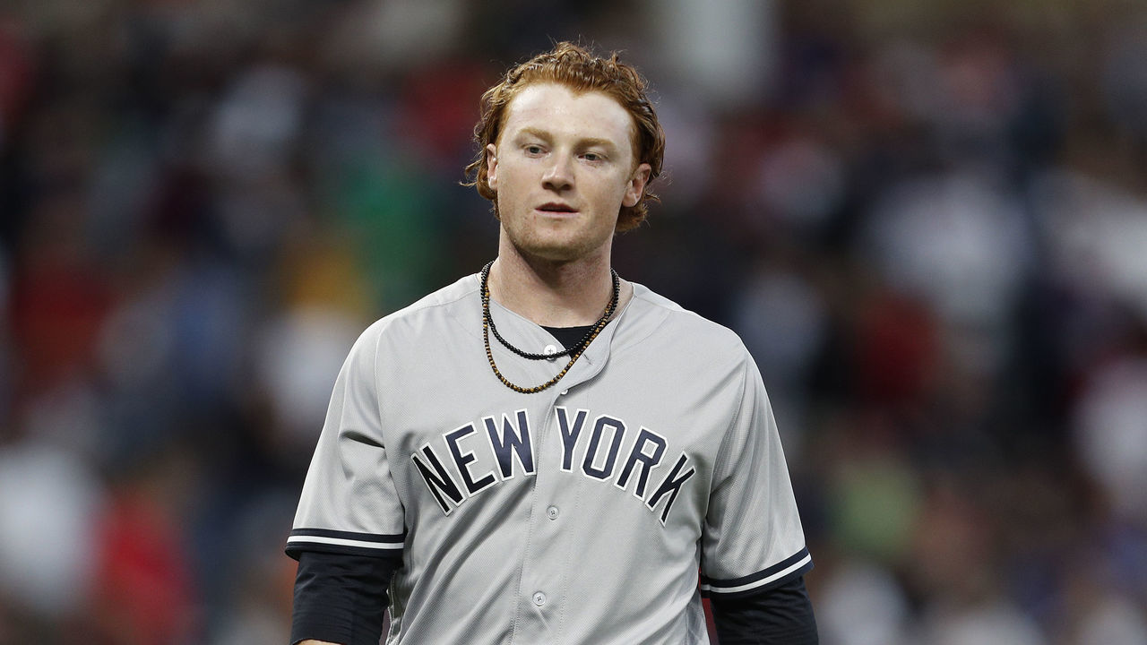 CLEVELAND, OH - AUGUST 04: Clint Frazier #77 of the New York Yankees takes the field against the Cleveland Indians in the fifth inning at Progressive Field on August 4, 2017 in Cleveland, Ohio. The Indians defeated the Yankees 7-2.
