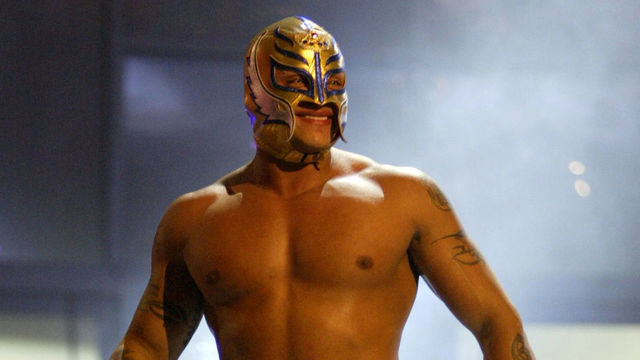 LAS VEGAS - DECEMBER 2: (U.S. TABLOIDS OUT) WWE wrestler Rey Mysterio walks on stage during the '1st Annual Video Game Awards' at the MGM Grand Garden Arena December 2, 2003 in Las Vegas, Nevada. The show premieres on Spike T.V. Thursday, December 4 at 9:00PM ET/PT.