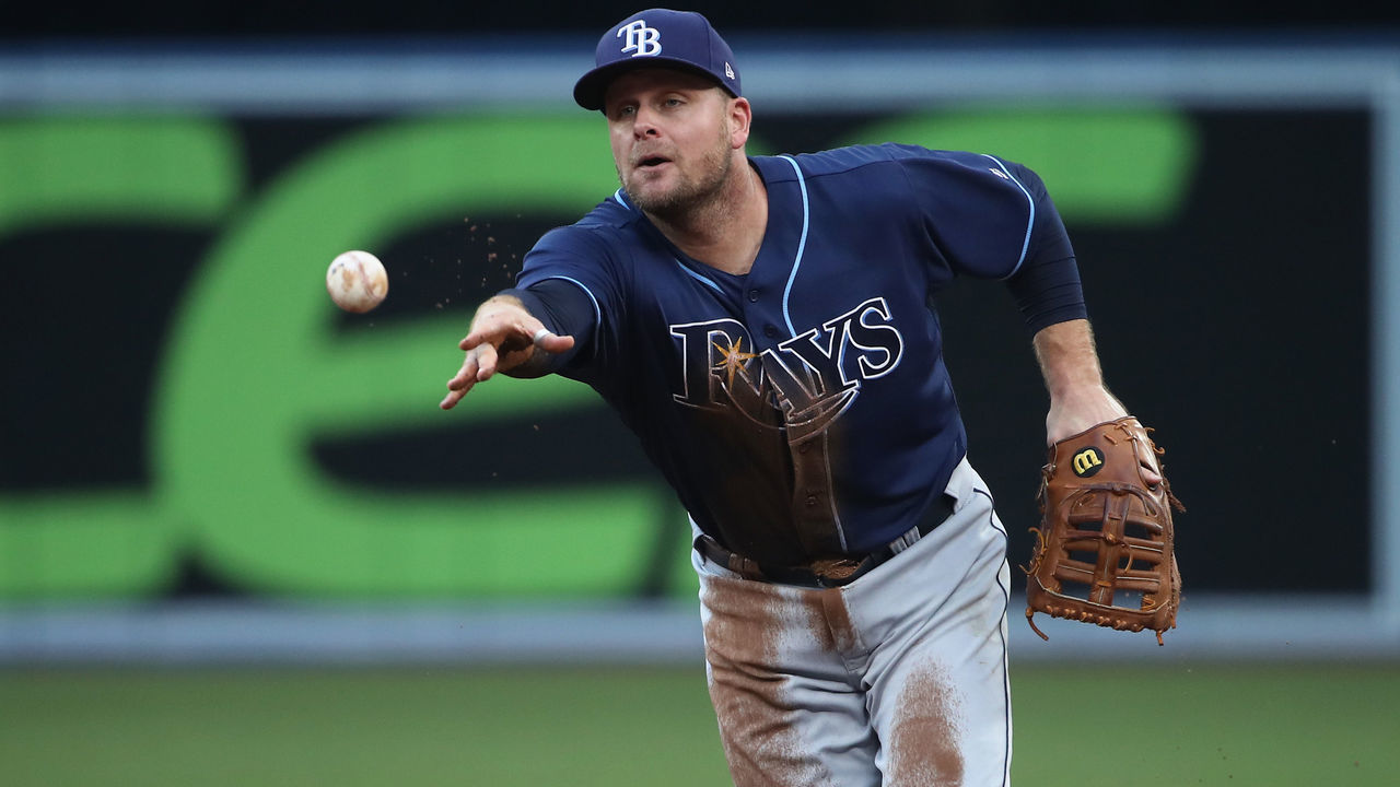 TORONTO, ON - AUGUST 15: Lucas Duda #21 of the Tampa Bay Rays flips the ball to the pitcher covering first base to get the last out of the first inning during MLB game action against the Toronto Blue Jays at Rogers Centre on August 15, 2017 in Toronto, Canada.