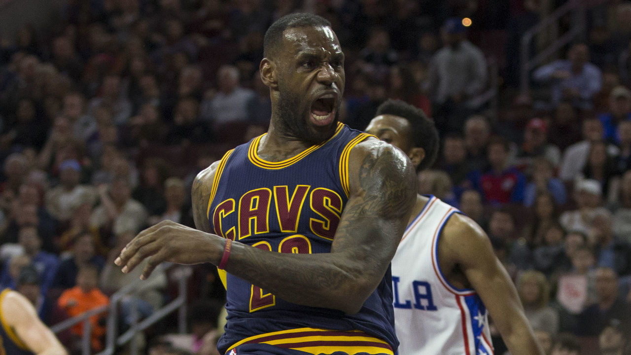 PHILADELPHIA, PA - JANUARY 10: LeBron James #23 of the Cleveland Cavaliers reacts after a dunk against the Philadelphia 76ers on January 10, 2016 at the Wells Fargo Center in Philadelphia, Pennsylvania.