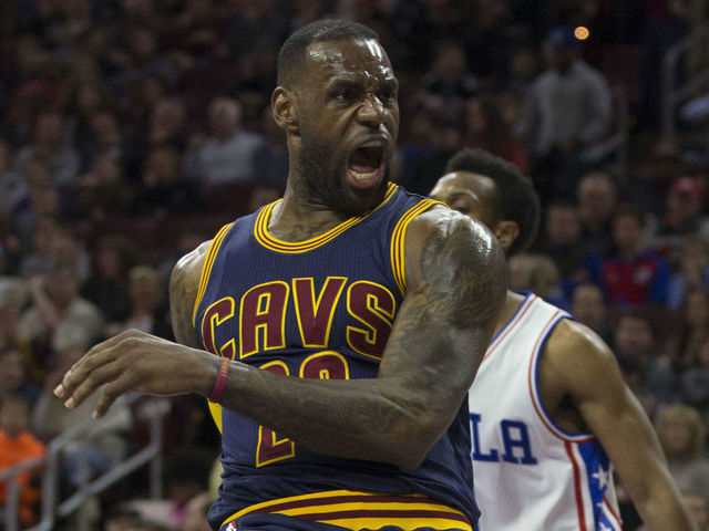 PHILADELPHIA, PA - JANUARY 10: LeBron James #23 of the Cleveland Cavaliers reacts after a dunk against the Philadelphia 76ers on January 10, 2016 at the Wells Fargo Center in Philadelphia, Pennsylvania.