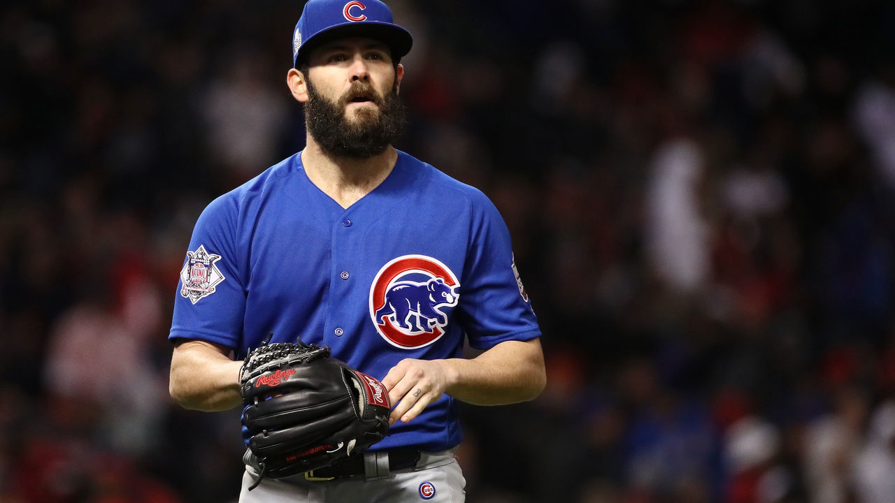 CLEVELAND, OH - OCTOBER 26: Jake Arrieta #49 of the Chicago Cubs walks off the field after the fifth inning against the Cleveland Indians in Game Two of the 2016 World Series at Progressive Field on October 26, 2016 in Cleveland, Ohio.