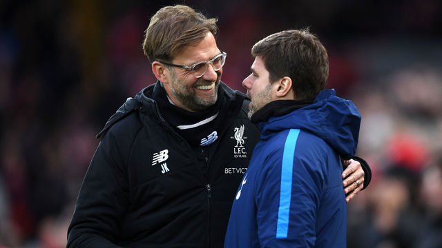 LIVERPOOL, ENGLAND - FEBRUARY 04: Jurgen Klopp, Manager of Liverpool greets Mauricio Pochettino, Manager of Tottenham Hotspur prior to the Premier League match between Liverpool and Tottenham Hotspur at Anfield on February 4, 2018 in Liverpool, England.