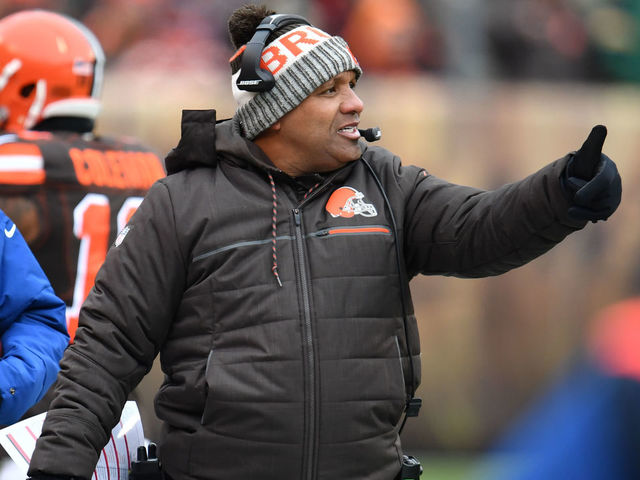 CLEVELAND, OH - DECEMBER 10: Head coach Hue Jackson of the Cleveland Browns looks on from the sideline in the second quarter against the Green Bay Packers at FirstEnergy Stadium on December 10, 2017 in Cleveland, Ohio.
