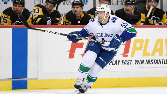 PITTSBURGH, PA - NOVEMBER 22: Alex Biega #55 of the Vancouver Canucks skates in the third period during the game against the Pittsburgh Penguins at PPG PAINTS Arena on November 22, 2017 in Pittsburgh, Pennsylvania.
