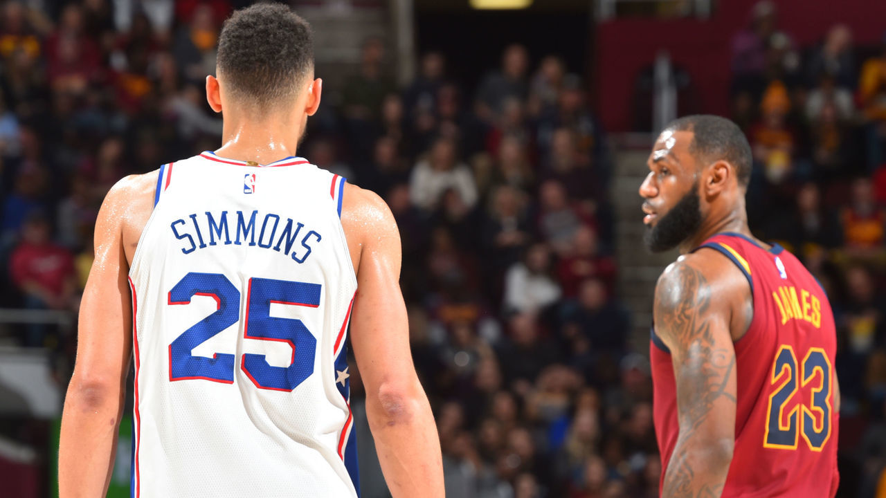 CLEVELAND, OH - DECEMBER 9: Ben Simmons #25 of the Philadelphia 76ers looks on LeBron James #23 of the Cleveland Cavaliers against December 9, 2017 at Quicken Loans Arena in Cleveland, Ohio. Mandatory Copyright Notice: Copyright 2017 NBAE