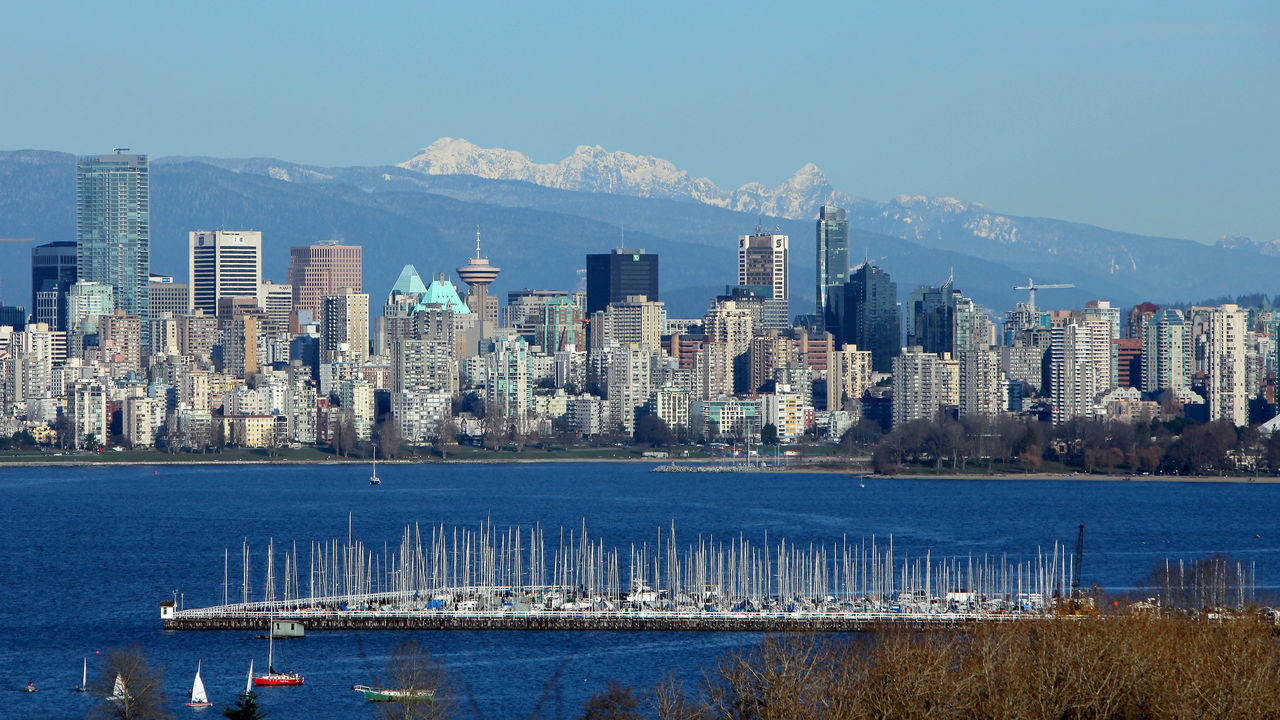 VANCOUVER - MARCH 10: A general view of the Vancouver skyline across English Bay March 10, 2009 in Vancouver, Canada. The 2009 ISU World Single Distance Speed Skating Championships will be held at the Richmond Olympic Oval March 12-15, 2009 in nearby Richmond, Canada. The Richmond Olympic Oval will be the site of the Long Track Speed Skating during the 2010 Vancouver Winter Olympics.