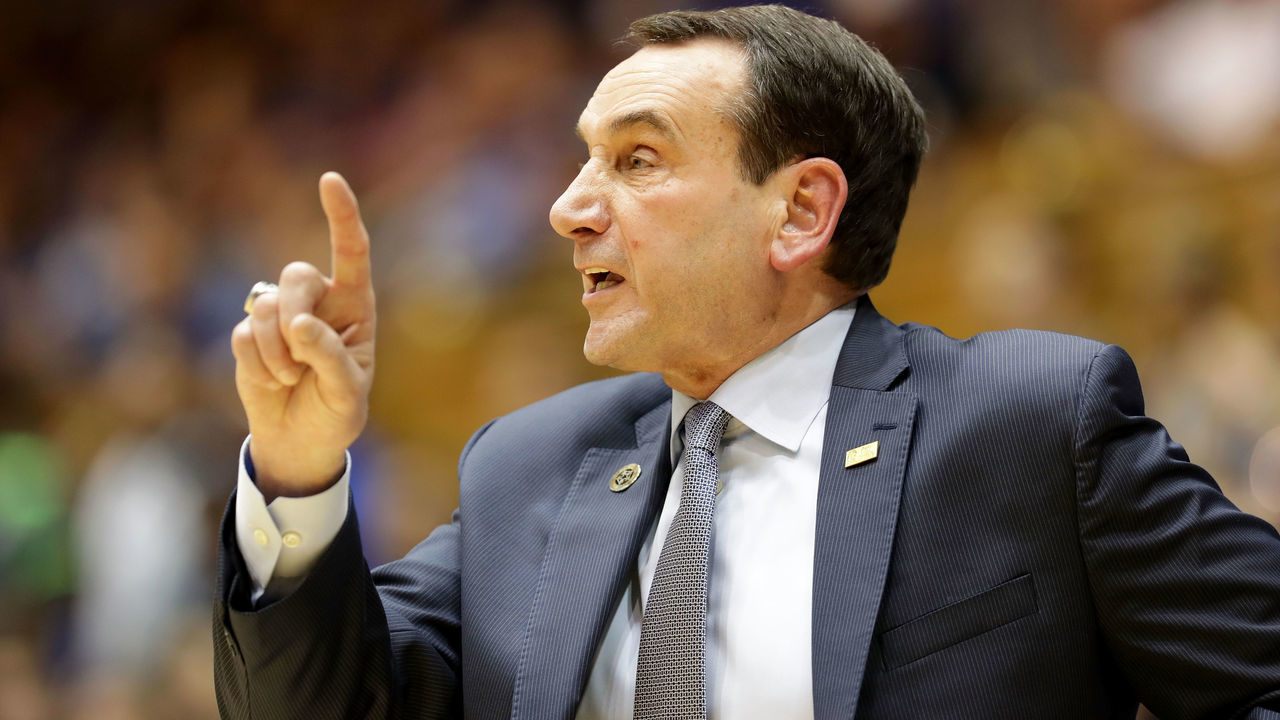 DURHAM, NC - FEBRUARY 24: Head coach Mike Krzyzewski of the Duke Blue Devils reacts against the Syracuse Orange during their game at Cameron Indoor Stadium on February 24, 2018 in Durham, North Carolina.