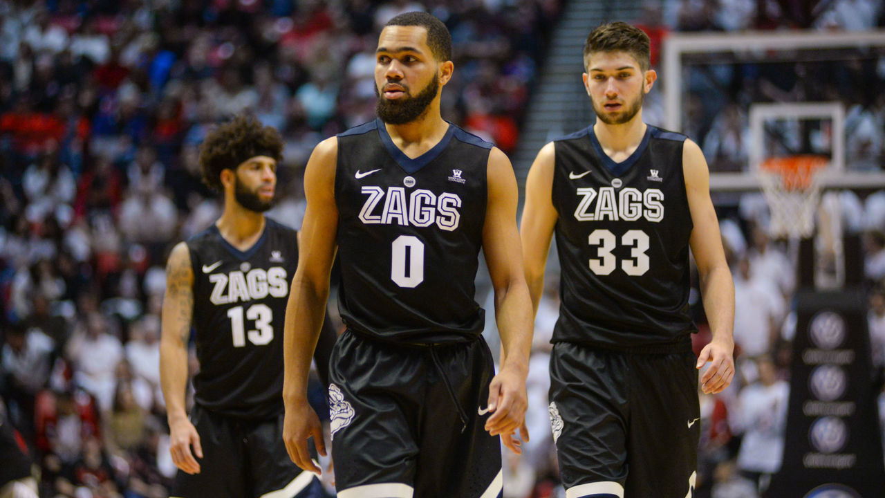 SAN DIEGO, CA - DECEMBER 21: Silas Melson #0, Josh Perkins #13 and Killian Tillie #33 of the Gonzaga Bulldogs walk on the court after a time-out in the second half against the San Diego State Aztecs at Viejas Arena on December 21, 2017 in San Diego, California.