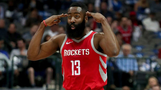 DALLAS, TX - JANUARY 24: James Harden #13 of the Houston Rockets reacts after scoring against the Dallas Mavericks at American Airlines Center on January 24, 2018 in Dallas, Texas.
