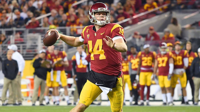 SANTA CLARA, CA - DECEMBER 01: Sam Darnold #14 of the USC Trojans looks to throw a pass against the Stanford Cardinal during the Pac-12 Football Championship Game at Levi's Stadium on December 1, 2017 in Santa Clara, California.