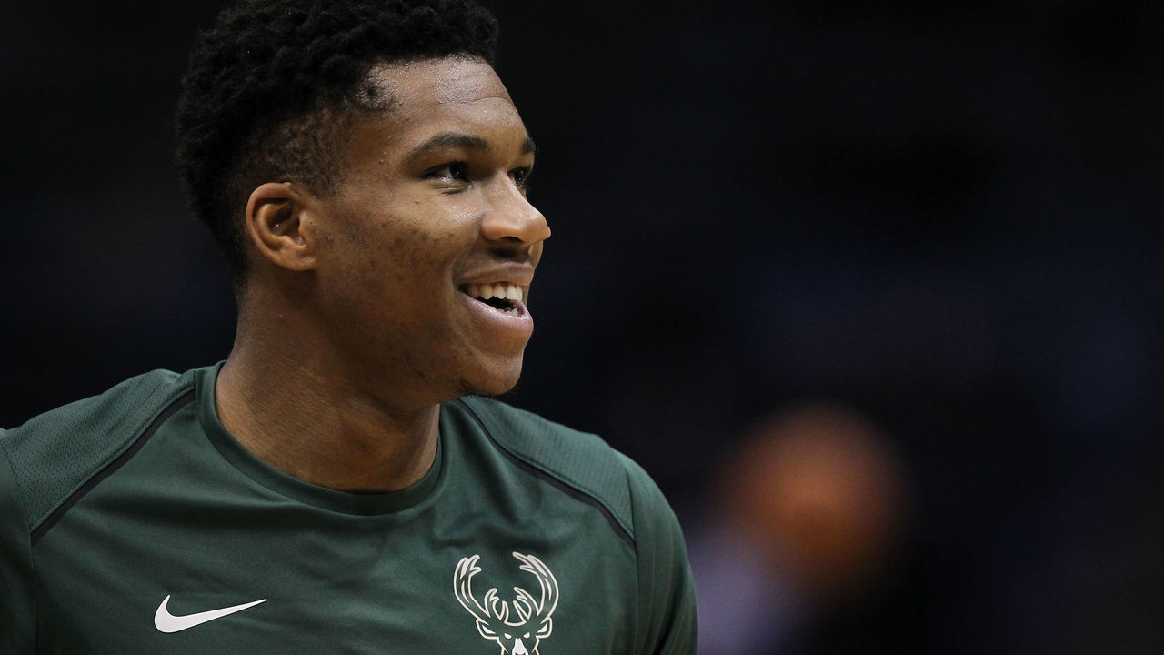 MILWAUKEE, WI - OCTOBER 13: Giannis Antetokounmpo #34 of the Milwaukee Bucks warms up before a preseason game against the Detroit Pistons at BMO Harris Bradley Center on October 13, 2017 in Milwaukee, Wisconsin.