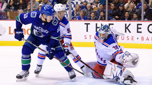 VANCOUVER, BC - FEBRUARY 28: New York Rangers Goalie Henrik Lundqvist (30) makes a save on Vancouver Canucks Center Bo Horvat (53) during their NHL game at Rogers Arena on February 28, 2018 in Vancouver, British Columbia, Canada.