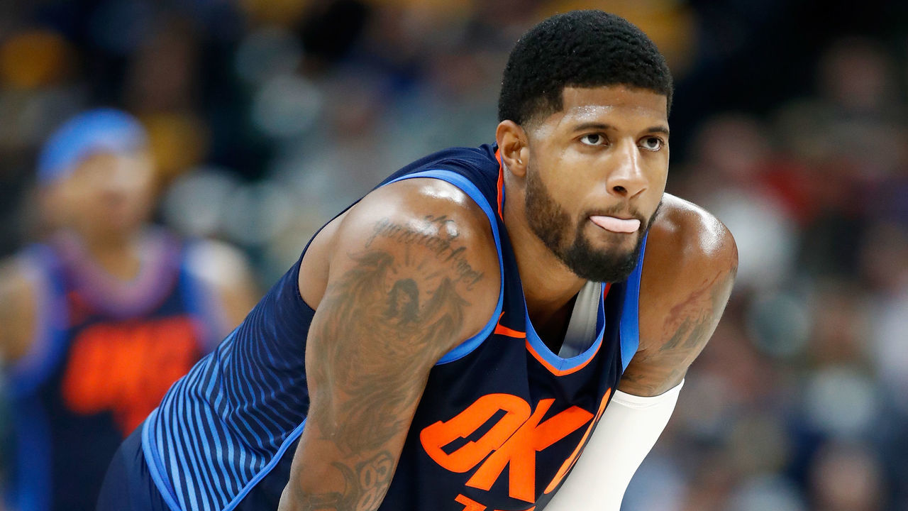INDIANAPOLIS, IN - DECEMBER 13: Paul George #13 of the Oklahoma City Thunder watches the action in the game against the Indiana Pacers at Bankers Life Fieldhouse on December 13, 2017 in Indianapolis, Indiana.