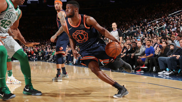 NEW YORK, NY - FEBRUARY 24: Emmanuel Mudiay #1 of the New York Knicks looks on during the game against the Boston Celtics on February 24, 2018 at Madison Square Garden in New York, New York. Mandatory Copyright Notice: Copyright 2018 NBAE