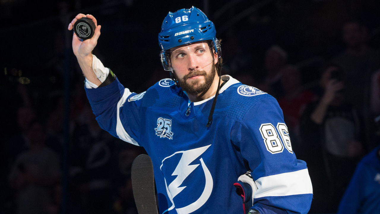 TAMPA, FL - FEBRUARY 15: Nikita Kucherov #86 of the Tampa Bay Lightning celebrates the win against the Detroit Red Wings at Amalie Arena on February 15, 2018 in Tampa, Florida.