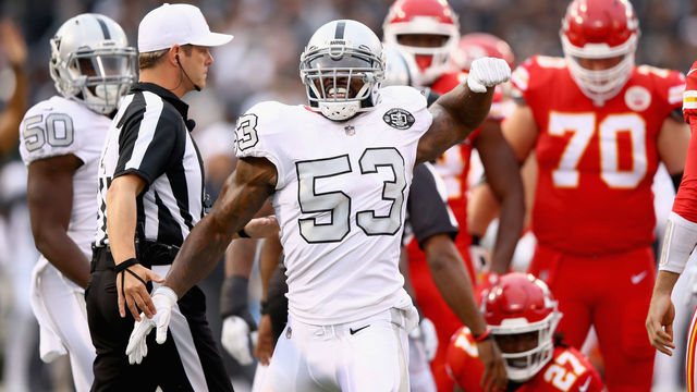 OAKLAND, CA - OCTOBER 19: NaVorro Bowman #53 of the Oakland Raiders reacts during their game against the Kansas City Chiefs at Oakland-Alameda County Coliseum on October 19, 2017 in Oakland, California.