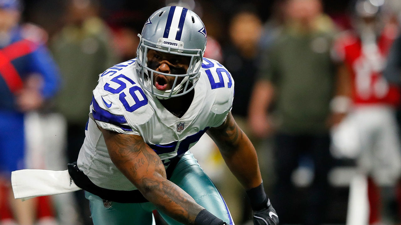 ATLANTA, GA - NOVEMBER 12: Anthony Hitchens #59 of the Dallas Cowboys celebrates a defensive stop during the first half against the Atlanta Falcons at Mercedes-Benz Stadium on November 12, 2017 in Atlanta, Georgia.