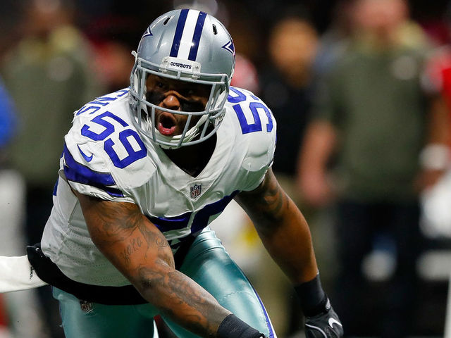 ATLANTA, GA - NOVEMBER 12: Anthony Hitchens #59 of the Dallas Cowboys celebrates a defensive stop during the first half against the Atlanta Falcons at Mercedes-Benz Stadium on November 12, 2017 in Atlanta, Georgia.