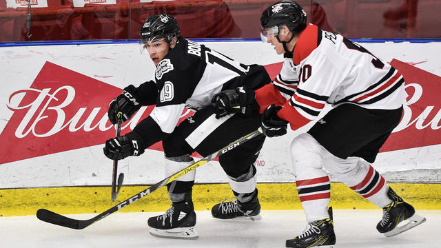BOISBRIAND, QC - OCTOBER 27: Alex Barre-Boulet #19 of the Blainville-Boisbriand Armada and Thomas Pelletier #90 of the Drummondville Voltigeurs skate after the puck during the QMJHL game at Centre d'Excellence Sports Rousseau on October 27, 2017 in Boisbriand, Quebec, Canada. The Blainville-Boisbriand Armada defeated the Drummondville Voltigeurs 2-0.