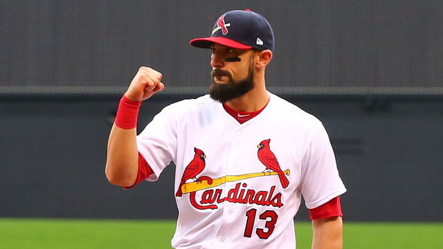 ST. LOUIS, MO - APRIL 30: Matt Carpenter #13 of the St. Louis Cardinals celebrates after turning an inning-ending double play against the Cincinnati Reds in the third inning at Busch Stadium on April 30, 2017 in St. Louis, Missouri.