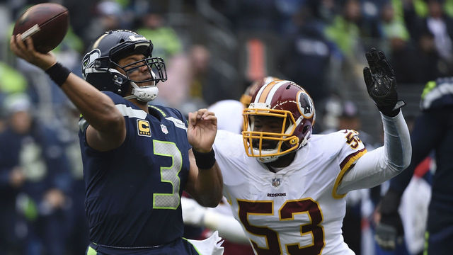 SEATTLE, WA - NOVEMBER 05: Quarterback Russell Wilson #3 of the Seattle Seahawks is pressured by inside linebacker Zach Brown #53 of the Washington Redskins during the second quarter of the game against the Washington Redskins at CenturyLink Field on November 5, 2017 in Seattle, Washington. The Redskins won 17-14.